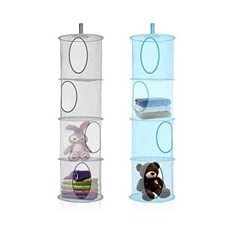 JSUOEO Space Hanging Mesh, Storage Hanging Mesh 4 Tier Collapsible Hanging Storage Net Suitable for Kids Room Soft Toys Clothes Sundries 2PCS Blue+Gray Cover