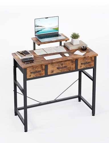 Image of KitMent 76x36cm Small Desk with 3 Fabric Drawers, Small Computer Desk with Adjustable Monitor Stand and Hook, Table for Makeup Vanity, Home Office,Kid's Study, Gaming, Rustic Brown