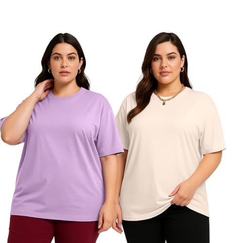 Image of JUNEBERRY 100% Pure Cotton Oversized Baggy Fit Drop Shoulder Solid Core Plus Size T-Shirt Combo for Women (Pack of 2) (Sizes from: 2XL to 5XL)
