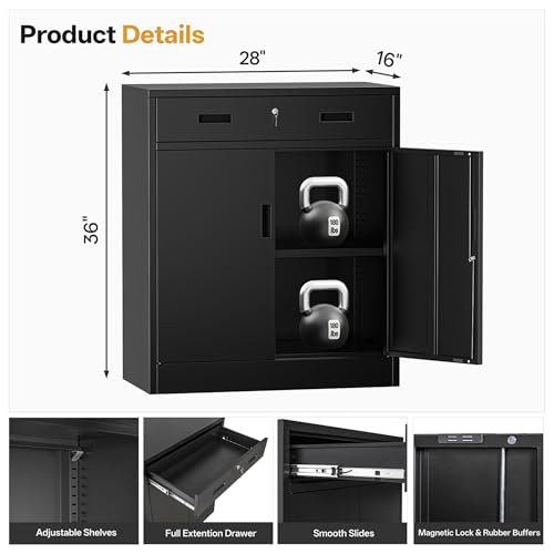 Image of Metal Storage Cabinet 36 inch H, Locking Storage Cabinet with 1 Drawer and Adjustable Shelf, Garage Storage Cabinet for Home Office, Garage, School, Apartment, Warehouse