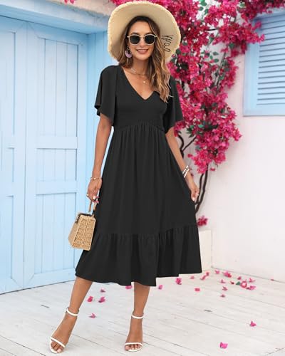 AUSELILY Women's Summer Empire Waist Dress Smocked Flutter Short Sleeve V Neck Midi Dresses 2025 New2