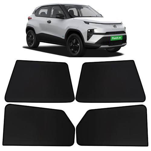 Image of OTO2EYE Car Sun Shade Compatible for Tata Punch EV Model 2024 to 2025, Z-Black Fix Type Side Window Curtains, Only Half Cut in Front Window, 4 Pieces Set
