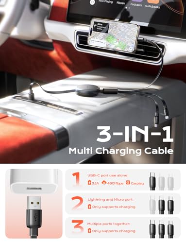 Image of LISEN Multi Charging Cable, 3 in 1 Retractable Charging Cable, Retractable Car Charger with Type C /L /Micro USB Ports for iPhone 17 16 15 14 Pro /Samsung Galaxy S25 /Kindle, Car Accessories, 2 Pack