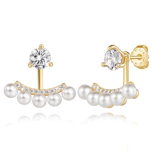 Pearl Earrings for Women 14K Gold Earrings for Women Gold Pearl Studs Earring for Womens Stud with Cubic Zirconia Dreamy and Dynamic Sector Design Pearls Stud Earring for Womens Studs Pearls