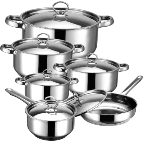 Hunnycook Topfset Induktion - 12-teilig, Starkbodig Edelstahl Töpfe Set, Inklusive Kochtöpfe, Bratpfanne, Feststehende Griffe, Geeignet für Alle Herdarten, Spülmaschinengeeignet