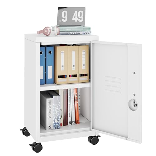 Image of PAOFIN Metal Mobile File Cabinet with Lock,Under Desk Metal Vertical Filing Cabinets with Shelf and Wheels for Home Office Organizer Letters /Legal Size, White (Required Assembly)