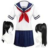 HSFESMGS Anime School Girl Uniform Yandere Simulator Cosplay Costume Ayano Aishi Yandere Chan Pleated Skirt Suit Halloween (blue+wig, Large)
