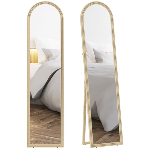 HOMCOM Espejo de Pie Cuerpo Entero 160x40 cm con Marco Efecto Piedra, Espejo de Pared Rectangular para Colgar o Apoyar, 2 Modos de Uso, para Dormitorio, Salón y Entrada, Beige