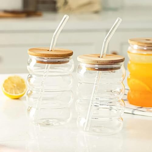 Image of Ripple Shape Glass Tumbler with Straw, 550 ML Each, Set of 2 Glass Sippers with Bamboo Lid & Reusable Glass Straw, Wave Pattern Aesthetic Coffee Tumbler Glass for Cold Drinks