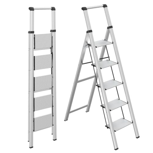 Image of HBTower 5 Step Ladder,Lightweight Aluminum Folding Step Stool with Anti-Slip Wide Pedal,330lbs Capacity Step Ladder for Household,Kitchen,Office - Sliver