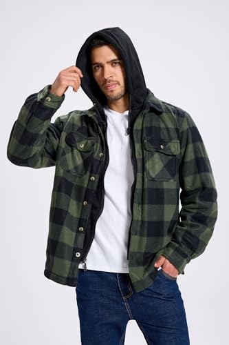 Image of TanBridge Men's Cotton Plaid Shirts Jacket Full Zip Fleece Flannel Sherpa Lined Hoodies Heavyweight Hoodies Jacket for Men