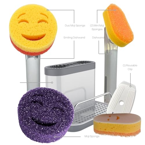 Image of Smilyeez Caddy Combo, Sink Caddy, Smiling Handle, 2 Scrub Moji Sponges, Dishwand with 2 Mini Moji Sponges (Light Blue)