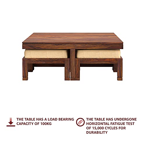 Image of Jangid Handicraft Solid Sheesham Wood Coffee Table with 4 Stool | Sofa Centre Table with Stool | Square Tea Center Table with 4 Stools for Living Room | Patio Teapoy with Four Puffy, Teak Finish