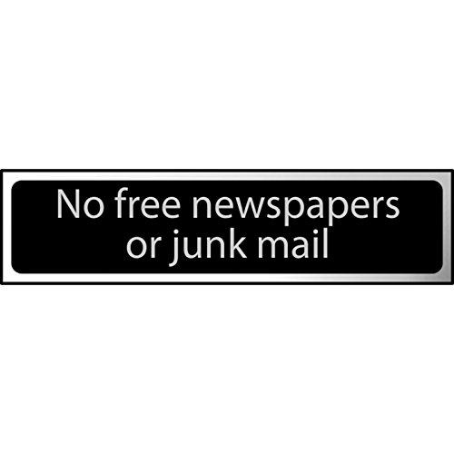 Metal Self Adhesive Sign - No free newspapers or junk mail - Black with Silver Text - 200mm x 50mm