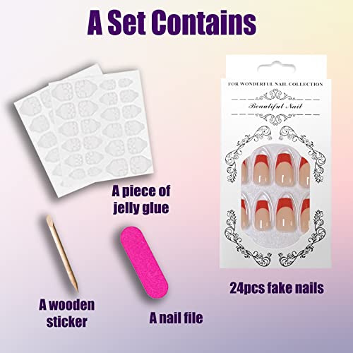 Qingge Christmas Red French Tip Press On Nails Medium Length Square Fake Nails Cute Glossy Acrylic Nails Stick On Nails Tips Glue On Nails False Nails For Women 24Pcs #TOP2