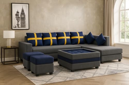 Image of FURNY Premium Arora 8 Seater Fabric RHS L Shape Sofa with 2 Ottoman + 1 Centre Table Ottoman Set for Living Room | with Velvet Fabric | in Dark Blue & Dark Grey Color | Durable Co