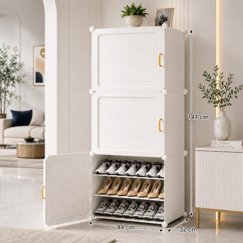 Image of LUHI Premium Modular Plastic Shoe Rack for Home with Door | 9-Tier Stackable Shoe Organizer | Waterproof & Dustproof | Space Saving Storage for Home, Bedroom & Entryway [White HV1-9, 9-Shelf-3-Door]