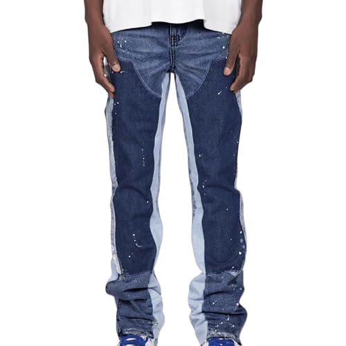 Men Micro Flare Jeans Ink-Splatter Patchwork Slim Fit Denim Pants