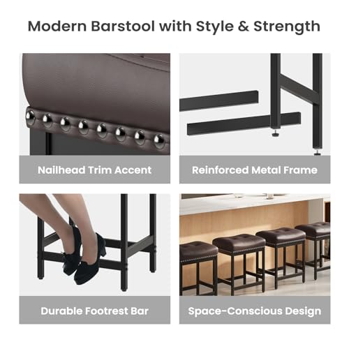 Image of MALOL Saddle Bar Stools Set of 2, 24 Inch Counter Height Backless Barstools - PU Leather Cushioned Seat, Metal Base & Footrest, Kitchen Island Breakfast Bar Chairs, Modern Brown