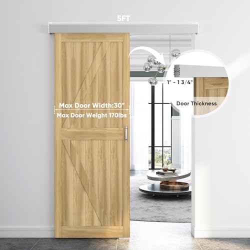 Barnsmith 5FT Sliding Barn Door Hardware Track Kit with Handles, Low Clearance Aluminium Alloy Box Rail Track, Silvery