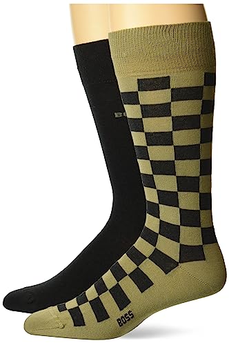 BOSS Mens Solid Color And Check 2 Pack Socks, Trout Green, 7-13 US