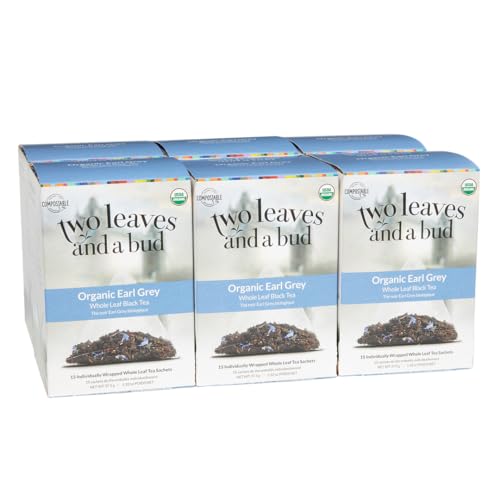 Two Leaves and a Bud Organic Earl Grey Tea Bags, Whole Leaf Caffeinated Black Tea in Compostable Sachets, 15 Count (Pack of 6)
