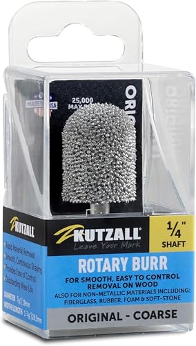 Kutzall Original Ball Nose Rotary Burr, 1⁄4" Shaft, Coarse - Wood Carving Bit for Bosch, DeWalt, Milwaukee. Abrasive Tungsten Carbide, 3⁄4" (19mm) Dia. X 1-1⁄8" (28.5mm) Length, BN-34