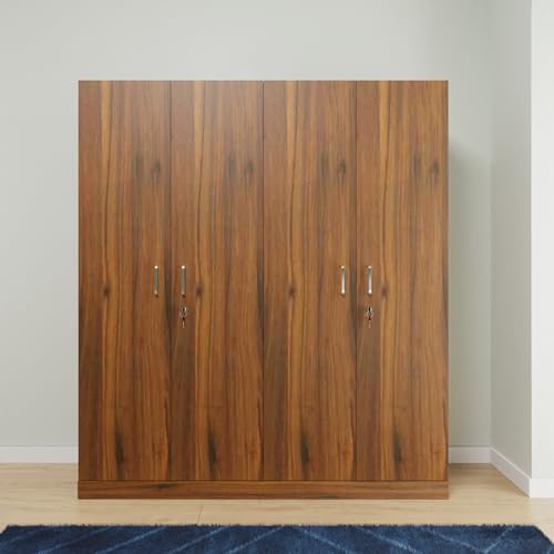 Image of VIKI Wardrobe | Wooden Almirah for Clothes,Door for Bedroom, 4 Door Wardrobe with Shelves & Hanging Space (Brussel Walnut - 40D x 160W x 180H) | 1 Year Warranty | Free Assembly