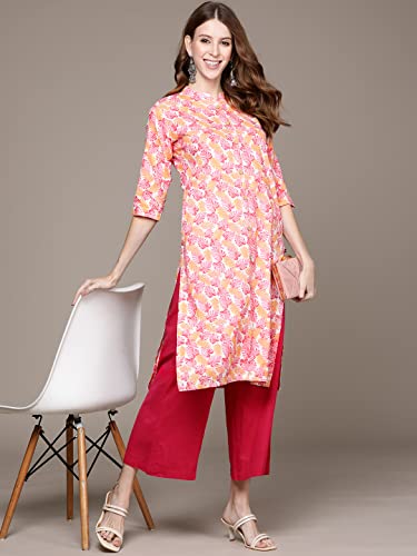 Image of anubhutee Women's Cotton Pink Floral Printed Straight Kurta