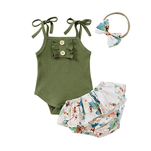 Baby Girl Summer Clothes Adjustable Tank Top Onesies Halter Bodysuit Floral Bloomer Shorts Set Infant Outfits (B-Green, 3-6 Months)