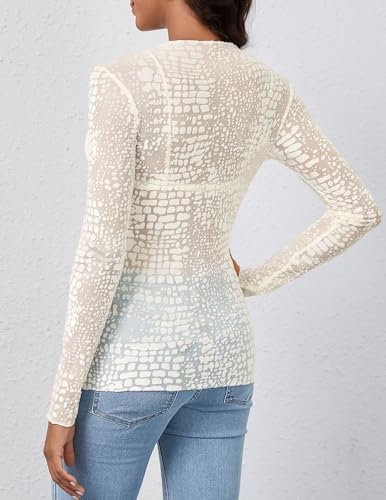 MEROKEETY Womens Mesh Sheer Lace Long Sleeve Tops 2026 See Through Mock Neck Shirt Fashion Blouses Date Night Outfit Clothes, Leopard White, X-Large — view 3