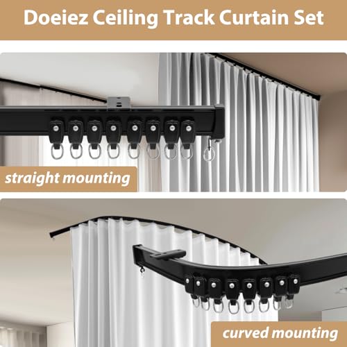 Image of Room Divider Blackout Curtains Flexible Sliding Tracks Sets Ceiling Mounted Rod Window Curtain Privacy Separation for Bedroom Living Rooms,1 Panel Gray White Drape and Black Track Set-W72xH84 in