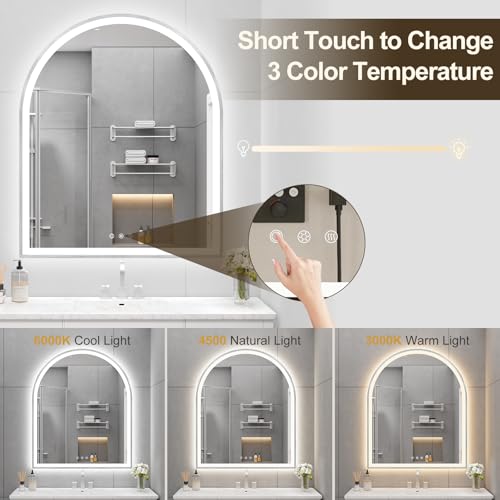 Image of Arched LED Mirror for Bathroom 30 inchx36 inch, Silver LED Bathroom Mirror with Lights-Fogless, Dimmable, 3 Color Changing, Touch Sensor