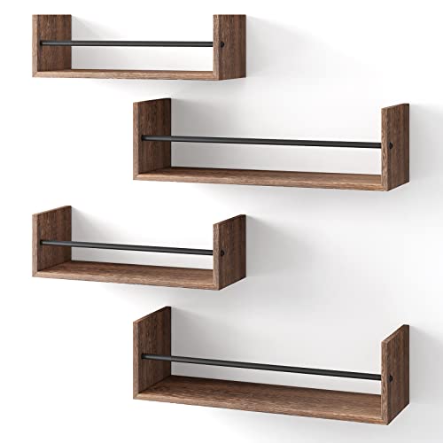 Image of YGEOMER 4 Set Floating Wall Shelves, Bathroom Shelves, Nursery Book Shelf, Wall Mounted Hanging Shelves with Metal Rail for Book, Bedroom, Bathroom and Kitchen