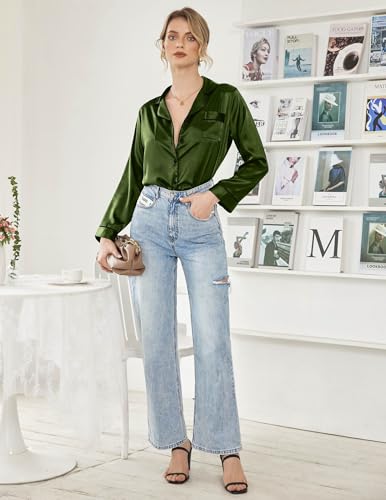 Image of Ekouaer Women's Classic Button Down Long Satin Silk Pajama Set