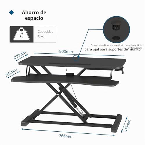 Miniatura 2 de Bontec Convertidor De Escritorio Sentado De Pie, Estación De Trabajo De 2 Niveles Ajustable En Altura, Con Plataforma De 80x40cm, Elevador Ergonómico, Pantalla De Pc, Portátil De Hasta 15 Kg Negro