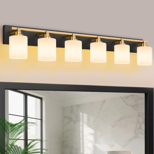 Image of Modern Bathroom Lighting Fixtures Over Mirror, Vanity Lights for Bathroom, Wall Sconces with Milky White Glass Shades, E26 Ceramic Socket, 6-Light 43-inch Black and Gold