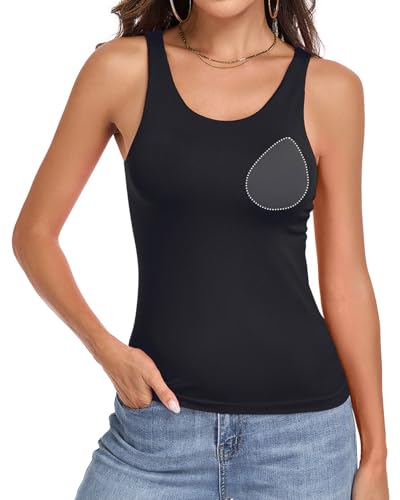 V FOR CITY Tank Top with Built in Bra for Women Seamless Padded Camisole Wide Strap Basic Cami Shirts Going Out Tops Black XL