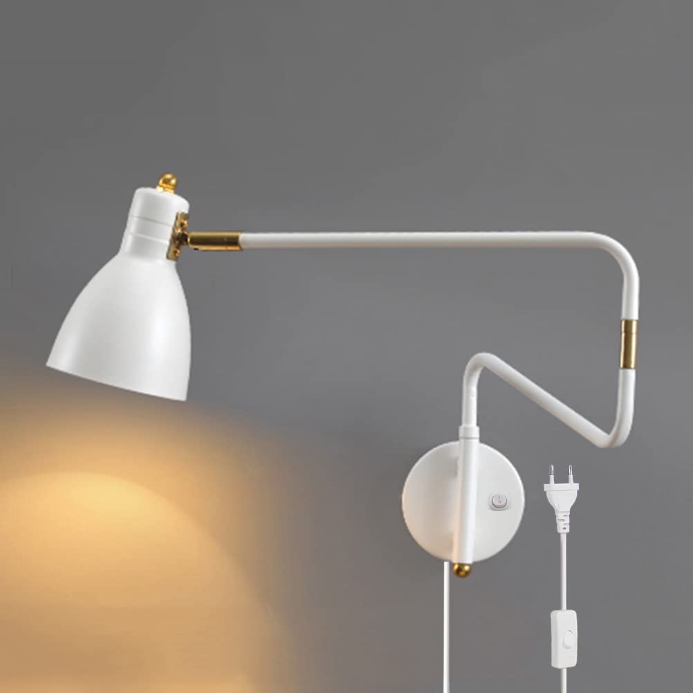 FZQSXAZU Adjustable Metal Wall Lamp with Plug-in Cord and On/Off Switch, Swing Arm Reading Sconce for Indoor Living Room Bedroom