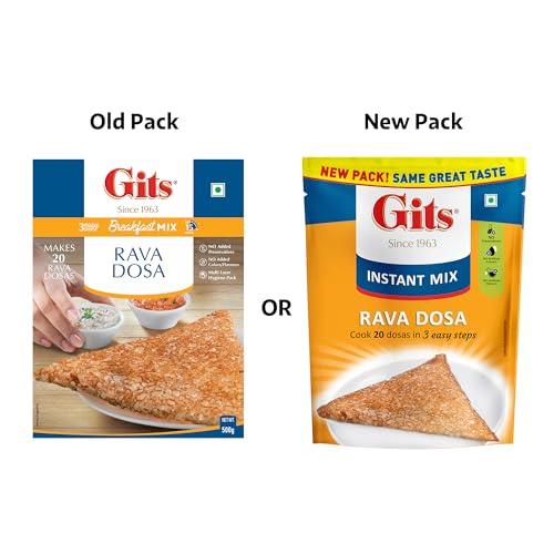 Gits Instant Rava Dosa Breakfast Mix, Makes 20 per Pack, Pure Veg, South Indian Recipe, 500g
