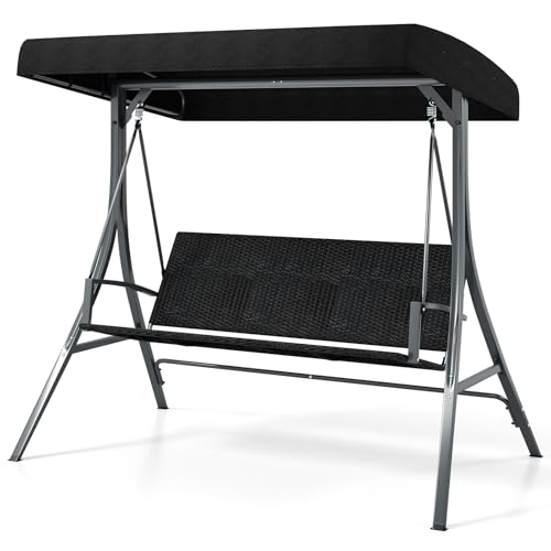 COSTWAY Balancelle de Jardin 3 Places avec Toit Réglable, Balancelle Jardin Extérieur en Métal avec Assise et Dossier en Rotin, Charge Max 450kg pour Cour Terrasse...
