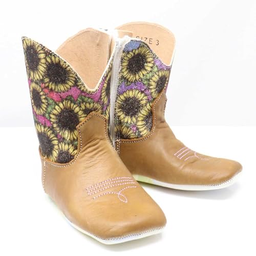 Tin Haul Western Boots, Sunflower Print Shaft, Brown Leather, Side Zip Closure,2