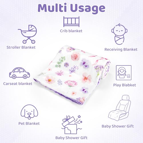 Image of Pea Pod Baby Girls Blanket Soft Floral Minky Blanket for Newborn, 30'' x 40'' Double Layer Design, Dotted Backing Breathable Bows Baby Quilt Crib Blanket for Nursery /Stroller /Toddler Bed /Baby Car Seat
