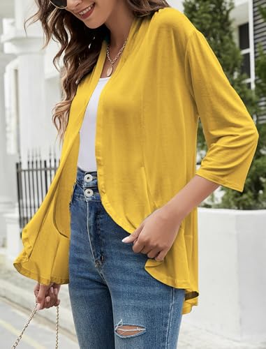 Image of Yekaty Women Cardigan 3 /4 Sleeves Open Front Lightweight Cardigan Draped Ruffles Knit Cardigan