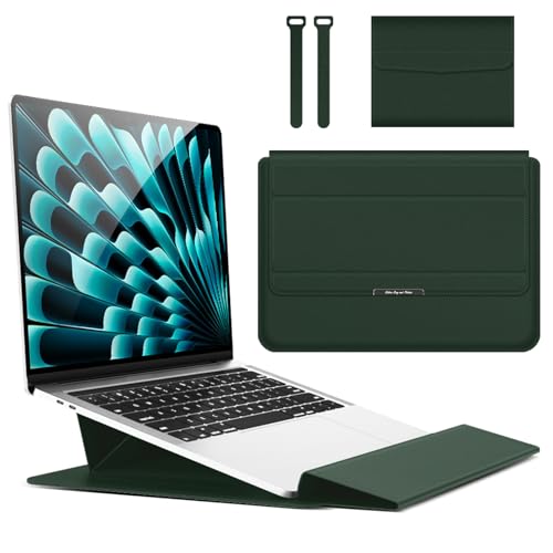 Hinnwer 13-14インチ ノートパソコンケース スタンド付き 用 ラップトップスリーブ Macbook Air/Macbook Pro/Dell/Ausu/Acer/HP/Lenovo 13/13.3/14/15/15.6/16インチ用 PU革ケース [磁石設計] [スタンド機能] [折り畳み式] [撥水加工] 電源収納ポーチとケーブルバンド付き - (13-14インチ | グリーン)の商品画像（Amazon）