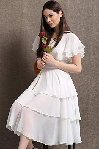 Image of Women Layered Georgette Fit & Flare Midi Dress | Round Neck Flutter Sleeve Knee Length Dress | Tiered Party Dress for Women Evening and Casual Styling
