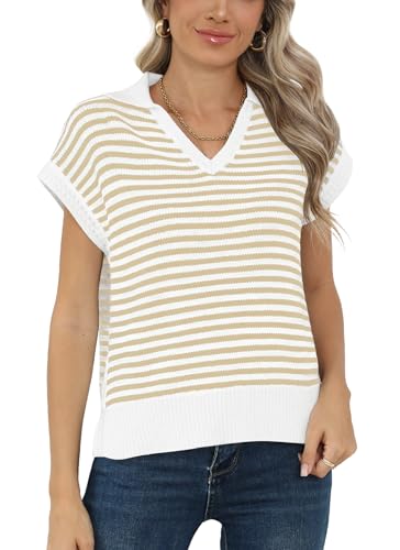 Image of Summer Sweater Vest for Women Knit Sleeveless Striped Johnny Collar Pullover Tank Tops V Neck Cap Sleeve Blouse