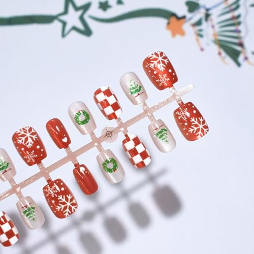 Christmas Press on Nails Short,30Pcs Winter Fake Nails Square Medium with Snow Tree Designs, Red New Year Holiday Press on Nail with Glue, Christmas False Nail for Women Girls Kids Gifts