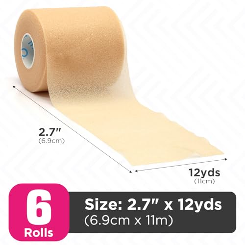Image of OK TAPE Pre Wrap Tape (6-Rolls, 12 Yds) - Athletic Foam Underwrap for Sports, Protect for Ankles Wrists Hands and Knees, 2.75 Inches - Beige