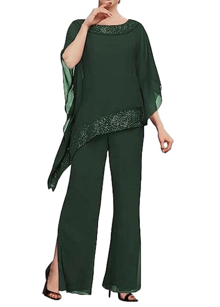 3 PC Beaded Mother of the Bride Pants Suits Chiffon Wedding Guest Outfit Formal Evening Gown Dark Green UK16
